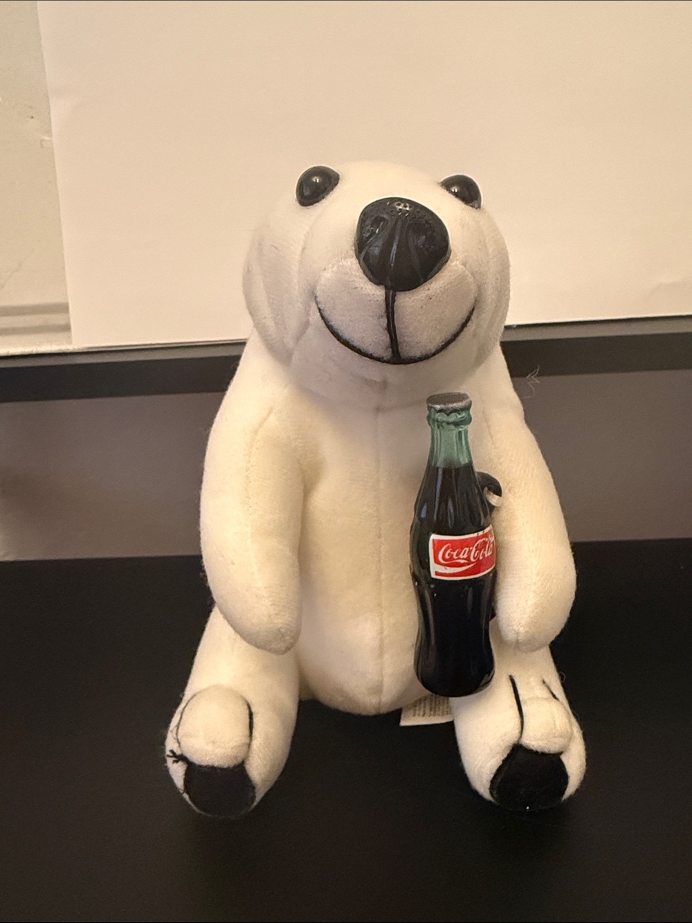 1993 Coca-Cola White Polar Bear Plush Holding Mini Coke Bottle